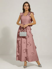 Chic White 3D Flowers A-Line Floor Length Stretch Crepe Dress with Pockets Maxi Dress