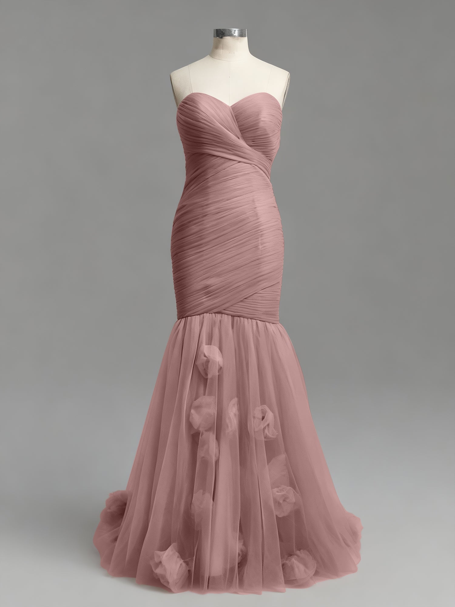 Dusty Rose Mermaid Strapless Ruched Tulle Prom Dress with 3D Floral