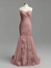 Dusty Rose Mermaid Strapless Ruched Tulle Prom Dress with 3D Floral