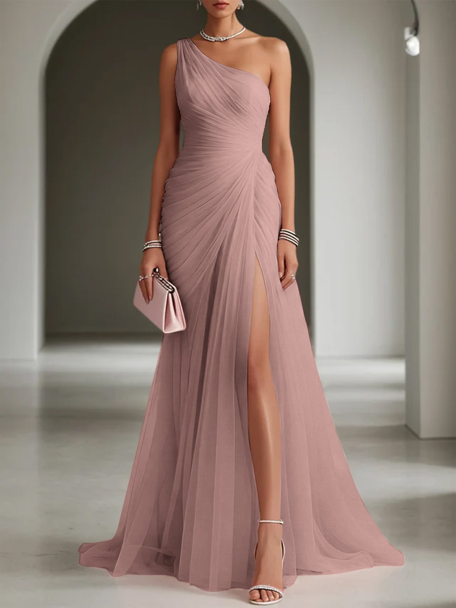 Pink Ruched Slit Tulle Strapless One Shoulder Sheath Gown Dress