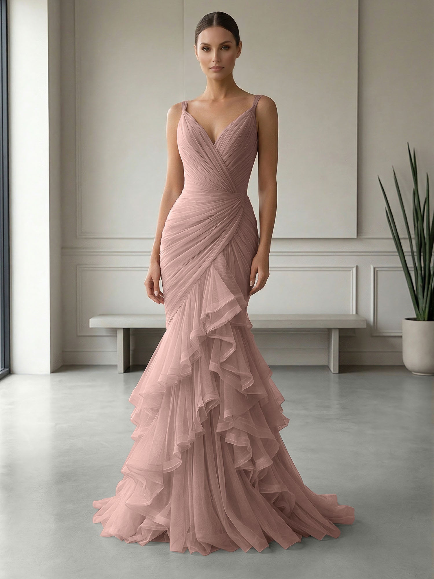 Mauve Folds Tulle Strapless Sleeveless Mermaid Gown Dress