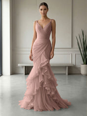 Mauve Folds Tulle Strapless Sleeveless Mermaid Gown Dress