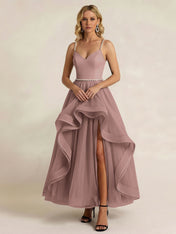 Black Tulle Ruffled A Line Long Formal Dress with Slit