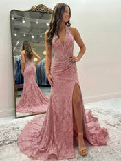 Black Mermaid Lace Halter Long Prom Dress with Slit