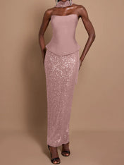 Off-Shoulder Bandage Top & Sequin Midi Skirt Set