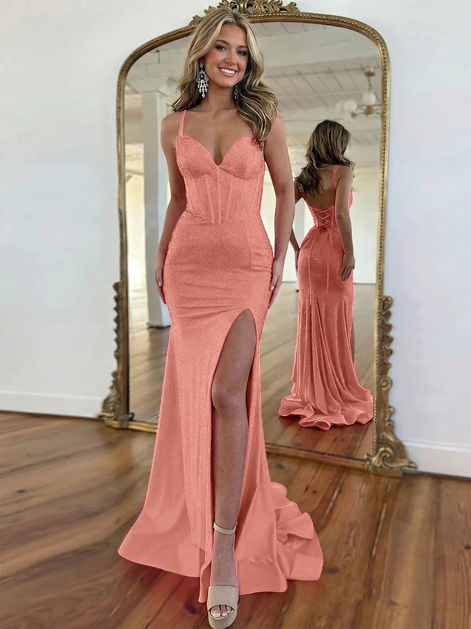 Hot Pink Lace-Up Back Corset Shimmer Prom Dresses with Slit