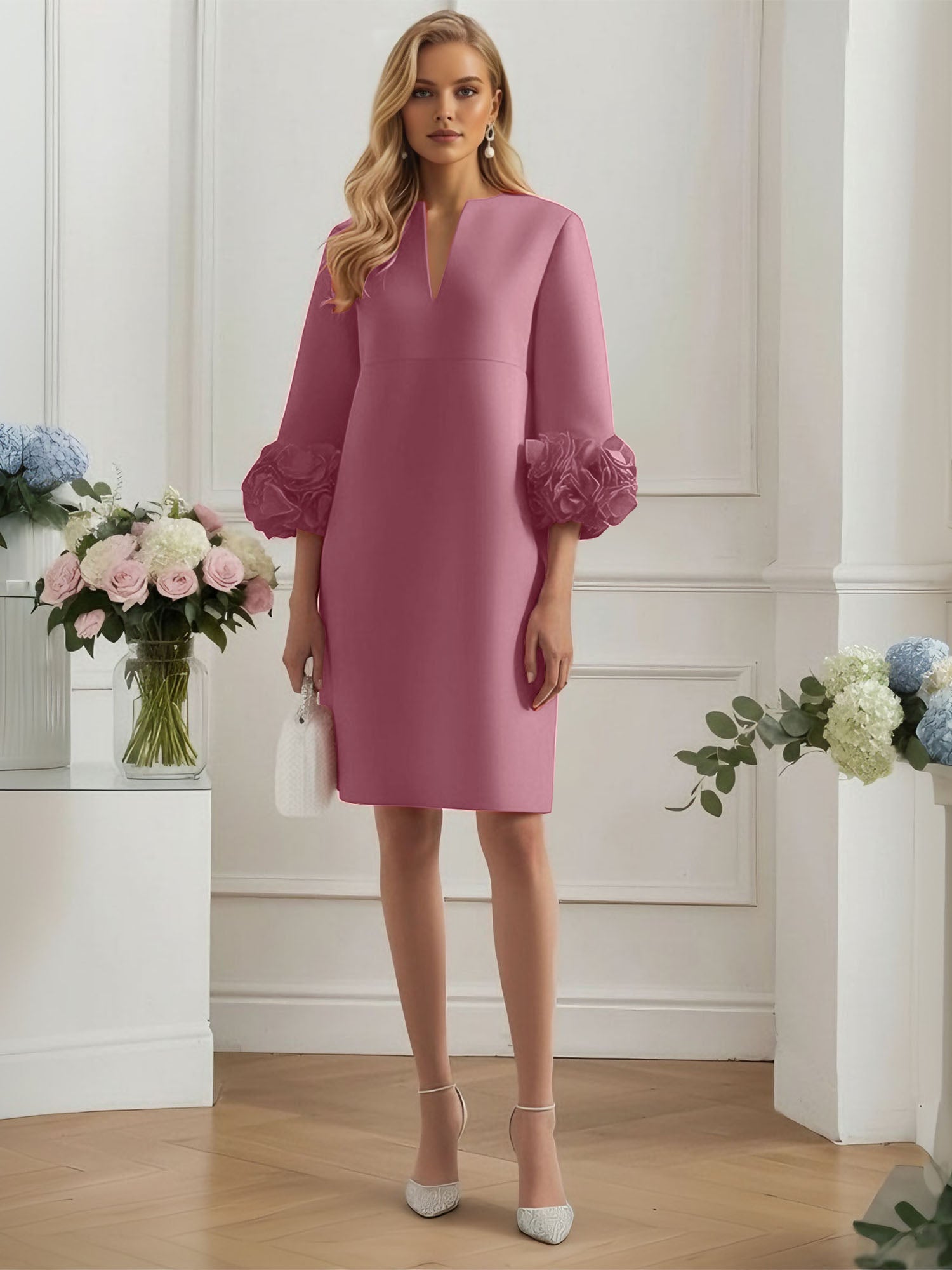 3D Floral Classic Notched Long Sleeve A-Line Midi Dress