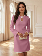 White Pearl Hollow Out Classic Crew Neck Long Sleeve Shift Mini Dress Gown