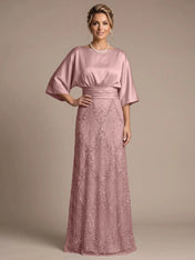 Bateau Neck Satin Evening Gown with 3/4 Batwing Sleeves Mother of The Bride Dresses