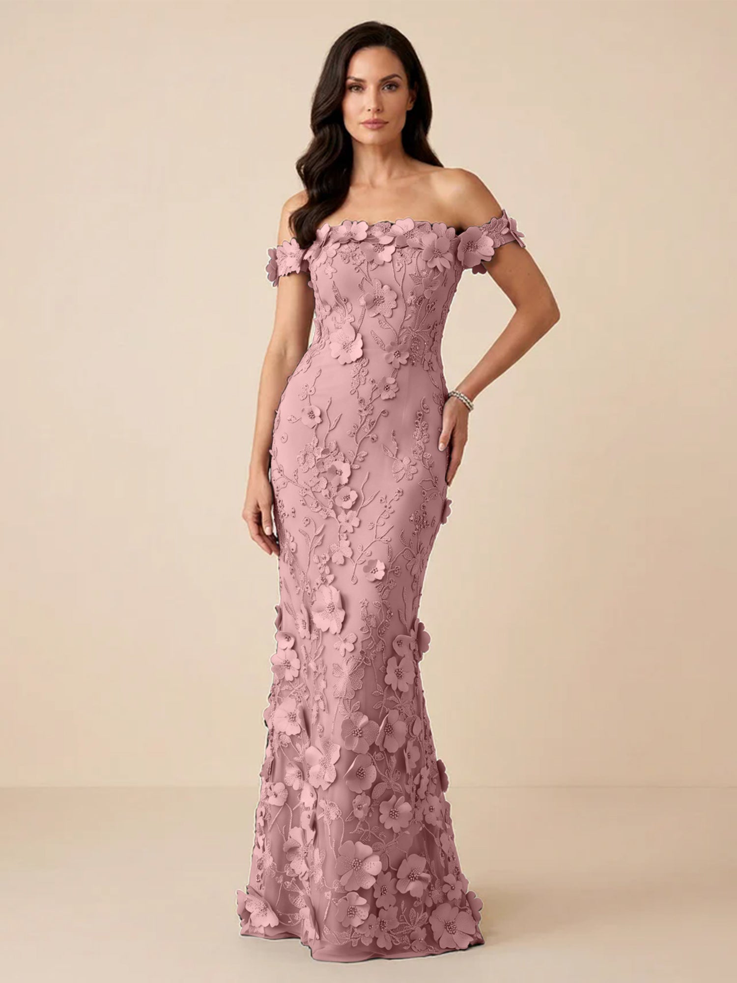 Black Off-the-Shoulder 3D Floral Mermaid Formal Gown Evening Dress