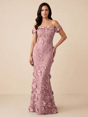 Black Off-the-Shoulder 3D Floral Mermaid Formal Gown Evening Dress