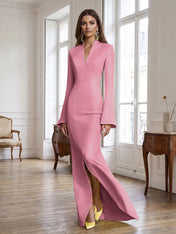 Yellow Long Bell Sleeve Mermaid Evening Gown with Asymmetric V-Neck Formal Dresses