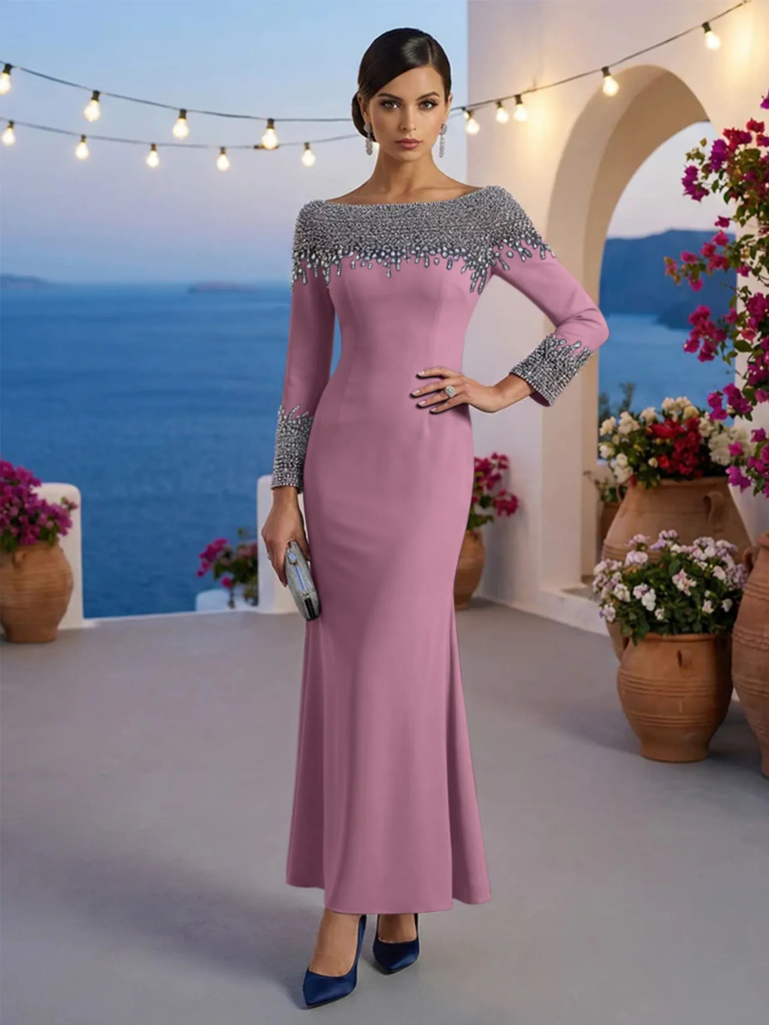 Formal Evening Dress Blue Velvet Long Sleeves Maxi Dress with Crystal