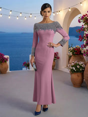 Formal Evening Dress Blue Velvet Long Sleeves Maxi Dress with Crystal