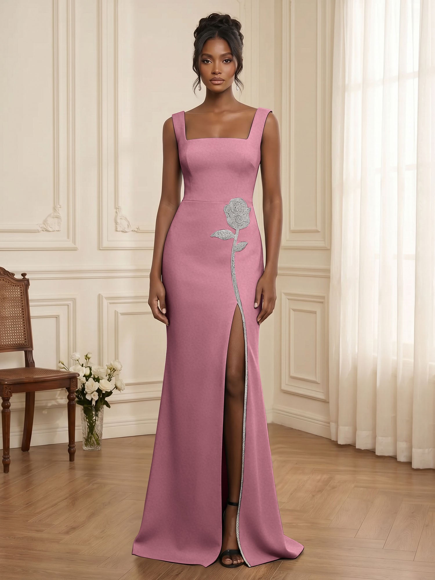 Formal Evening Dress Glamorous Black Square-Neck Crystal Rose Slit Gown