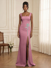 Formal Evening Dress Glamorous Black Square-Neck Crystal Rose Slit Gown