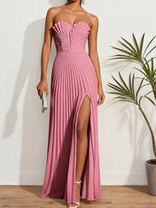 Pleated Classic Strapless Sleeveless A-Line Maxi Dress