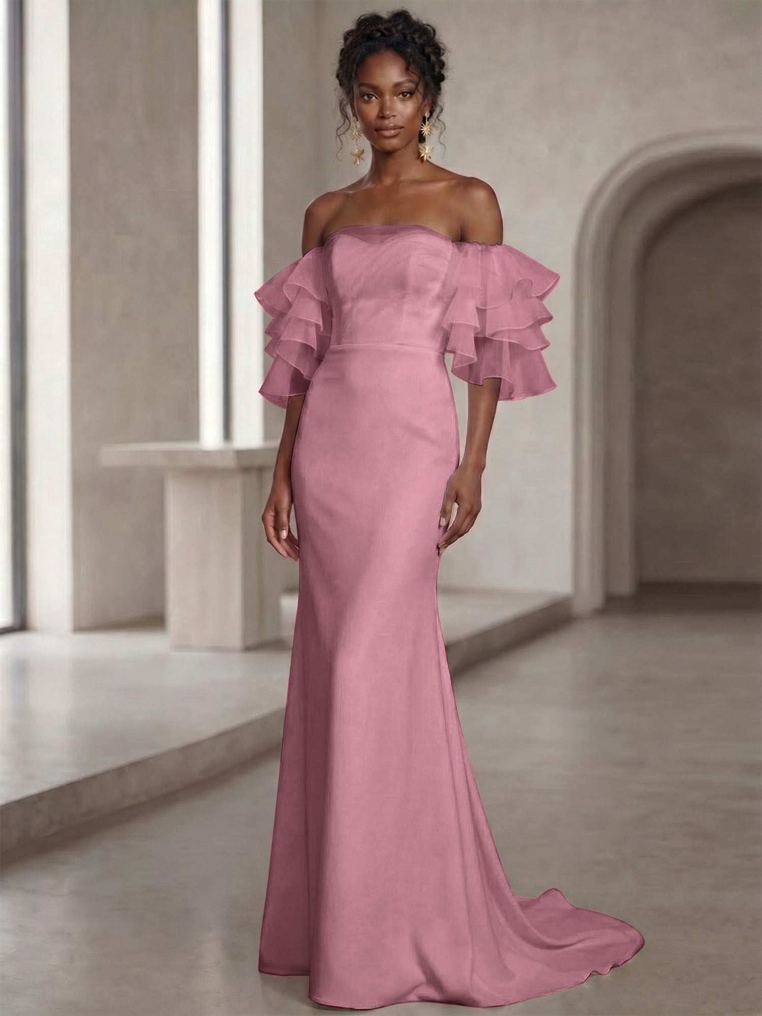 White Mermaid Off the Shoulder Ruffled Long Wedding Reception Dress