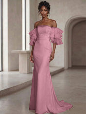 White Mermaid Off the Shoulder Ruffled Long Wedding Reception Dress