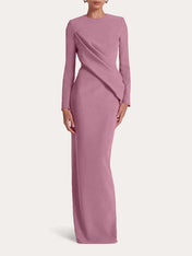 Red Sheath/Column Scoop Long Sleeves Chiffon Floor-Length Ruffles Formal Dress