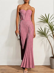 White Pleated Classic Strapless Sleeveless A-Line Maxi Dress