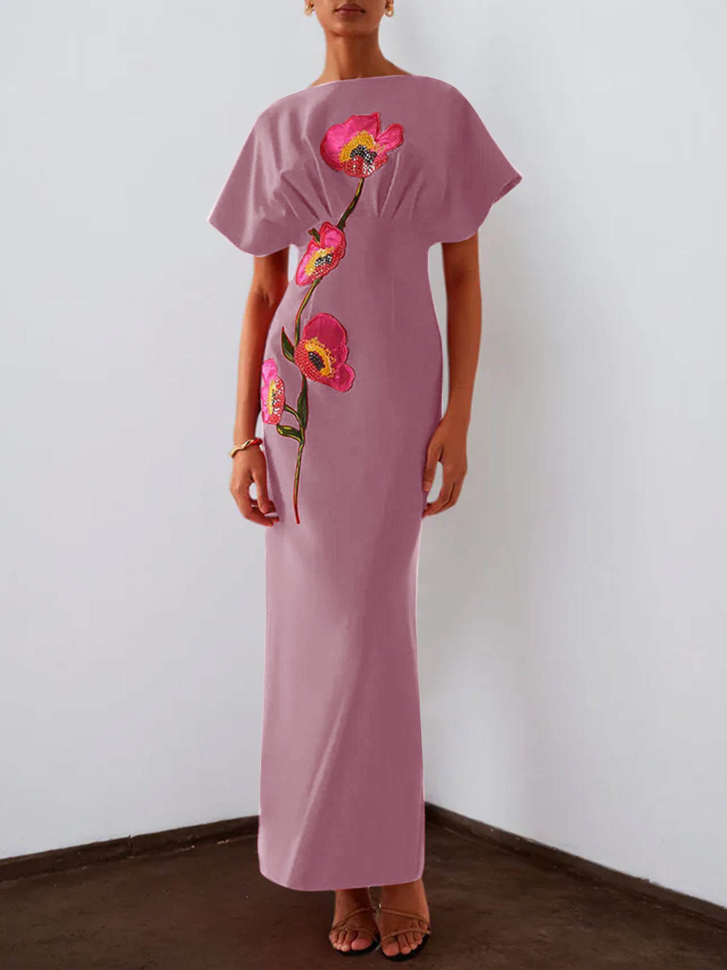Red 3D Floral Appliqué Boat Neck Short Sleeve Backless Sheath Maxi Dress