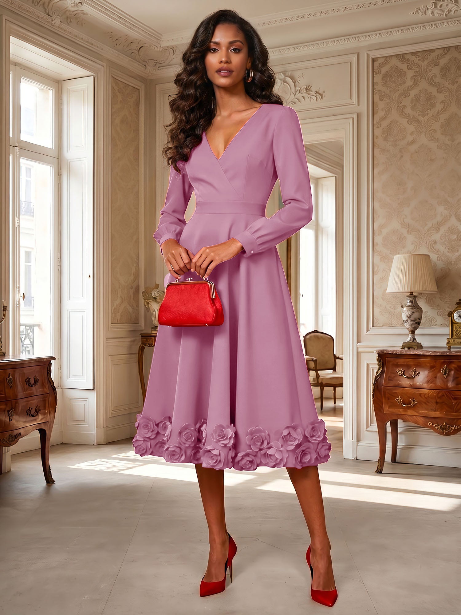Formal Evening Gown Crimson 3D Rose Hem A-Line Midi Dress