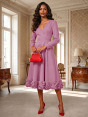 Formal Evening Gown Crimson 3D Rose Hem A-Line Midi Dress