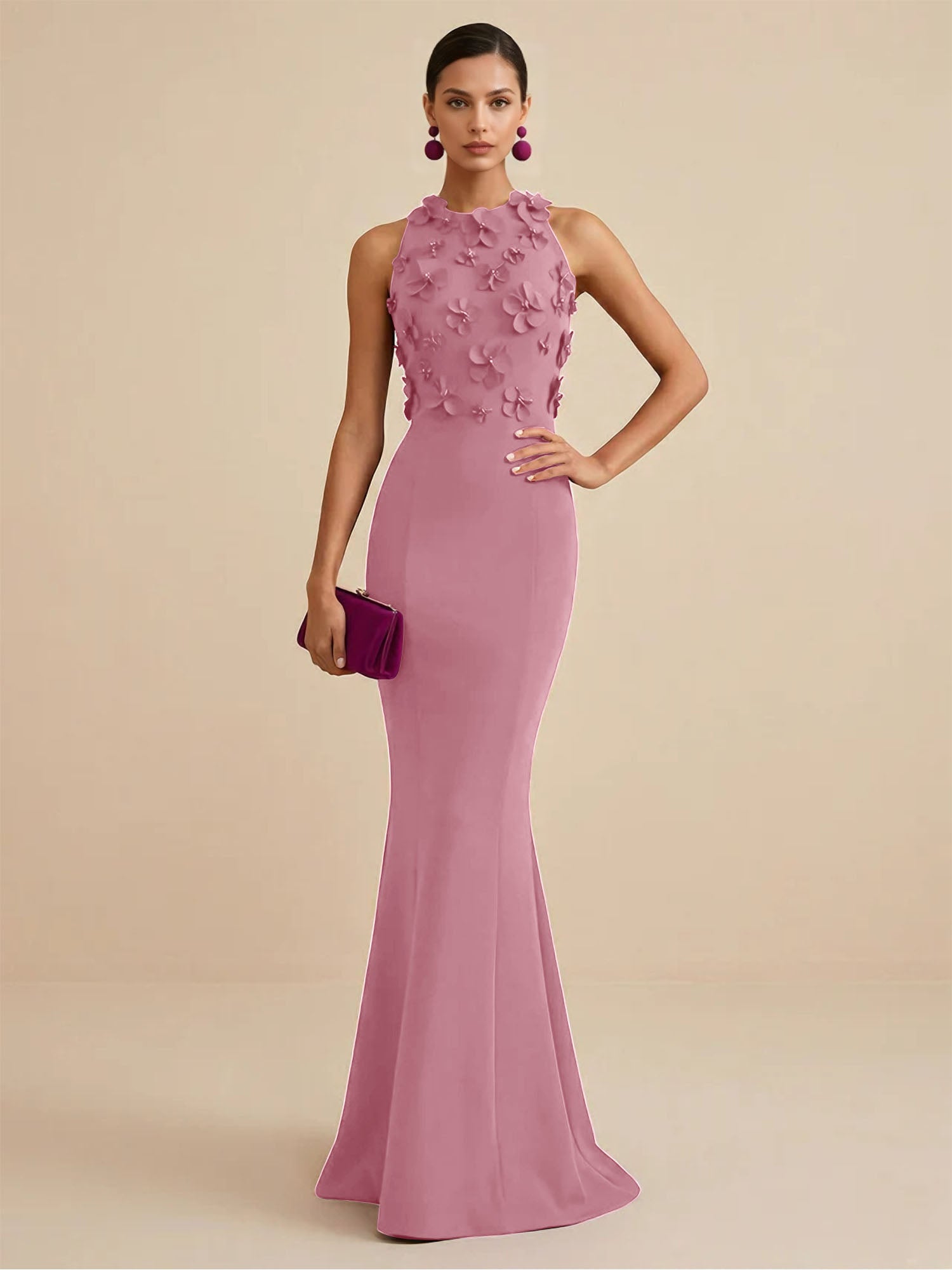 Deep Fuchsia Sleeveless High Neck 3D Floral Mermaid Formal Gown Evening Dress
