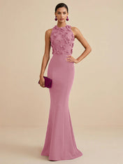 Deep Fuchsia Sleeveless High Neck 3D Floral Mermaid Formal Gown Evening Dress