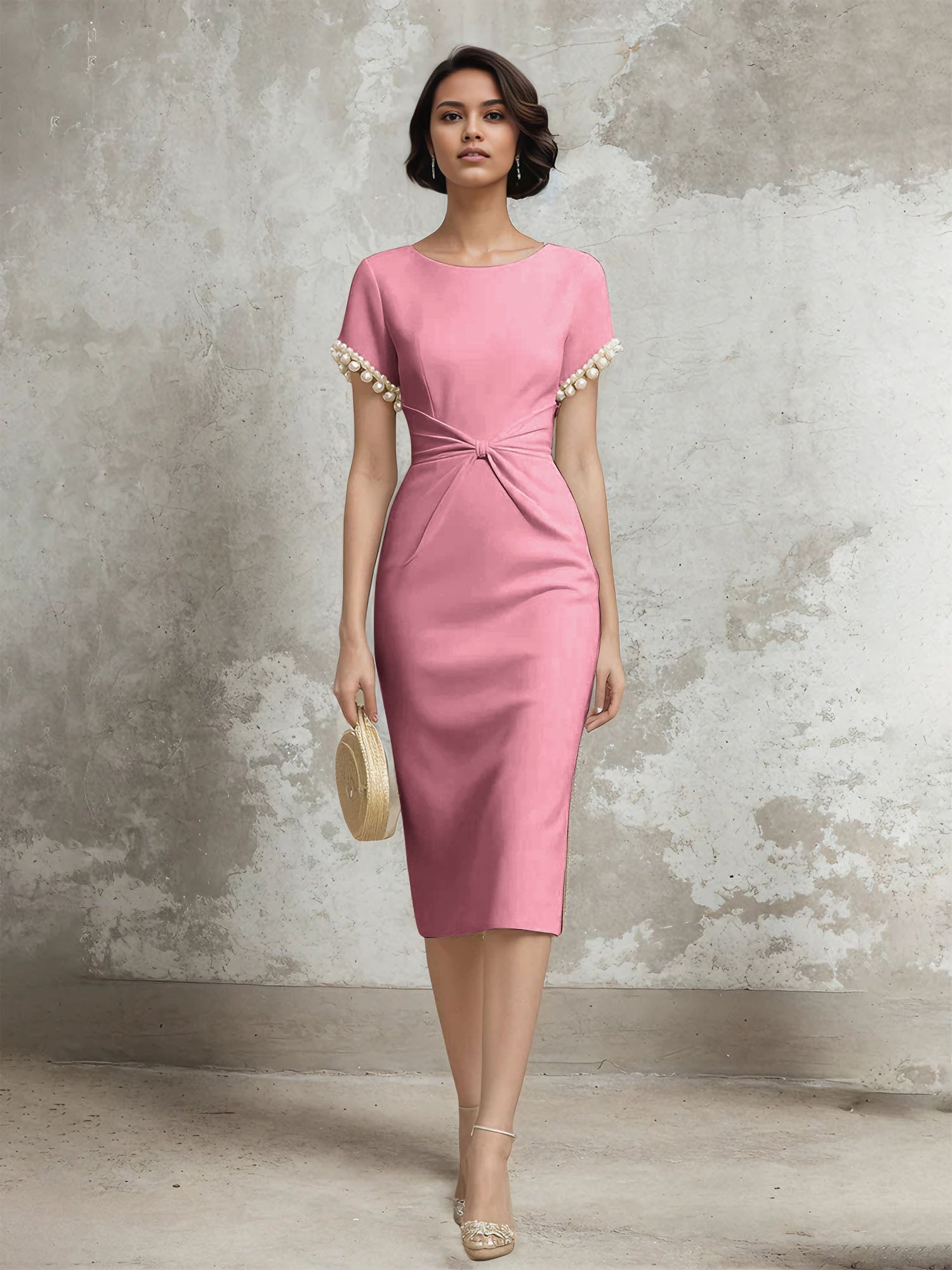 Column Short Sleeve Tea Length Dress With Pearls