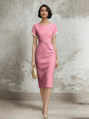 White Stretch Crepe Sheath/Column Short Sleeve Tea Length Dress With Pearls