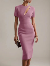 Red Sheath/Column Stretch Crepe Scoop Neck Short Sleeves Tea Length Dresses