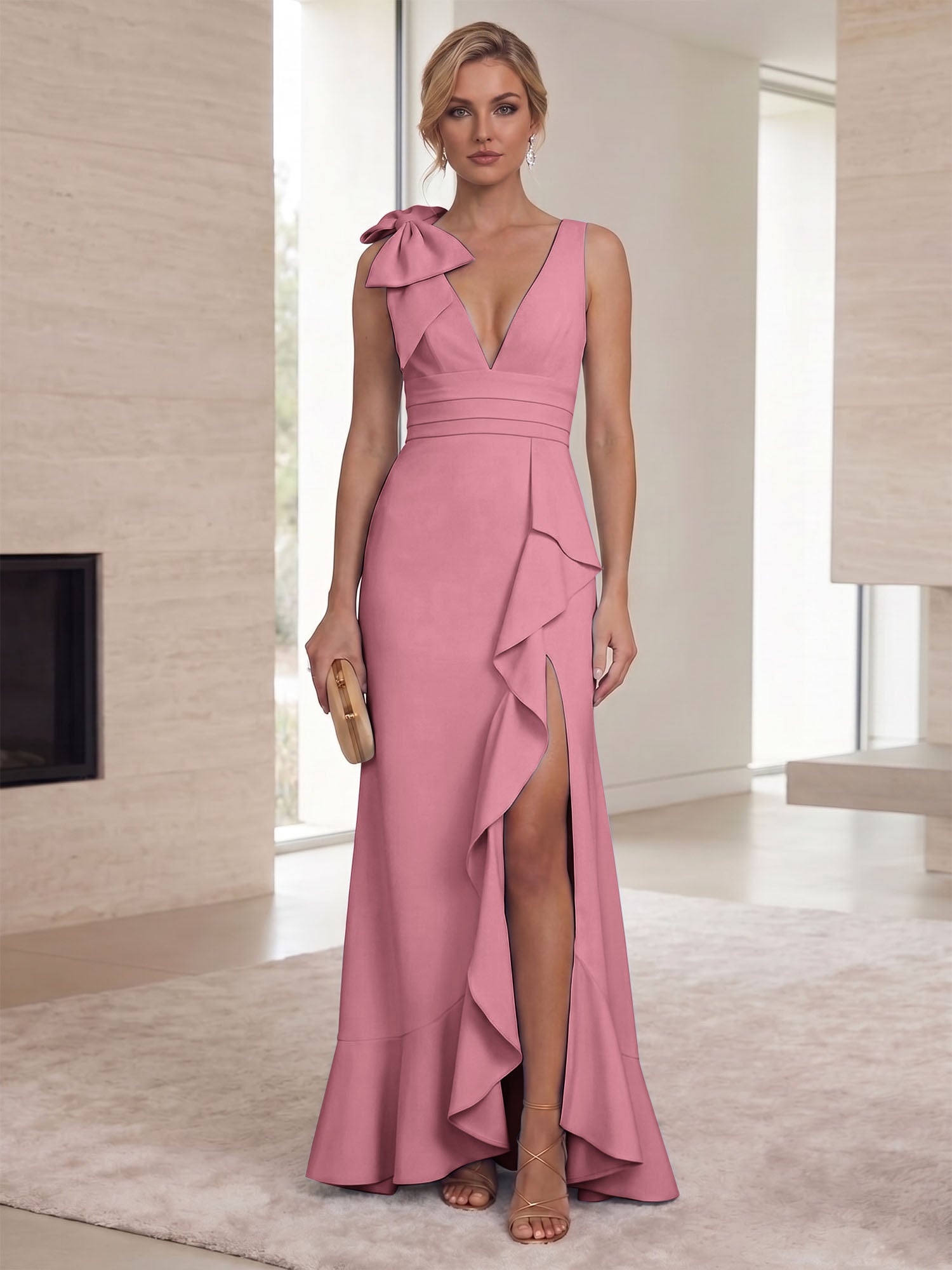 Ice Blue Bow-Accent Ruffle Slit Gown Formal Evening Dress