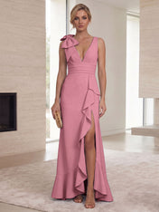 Ice Blue Bow-Accent Ruffle Slit Gown Formal Evening Dress