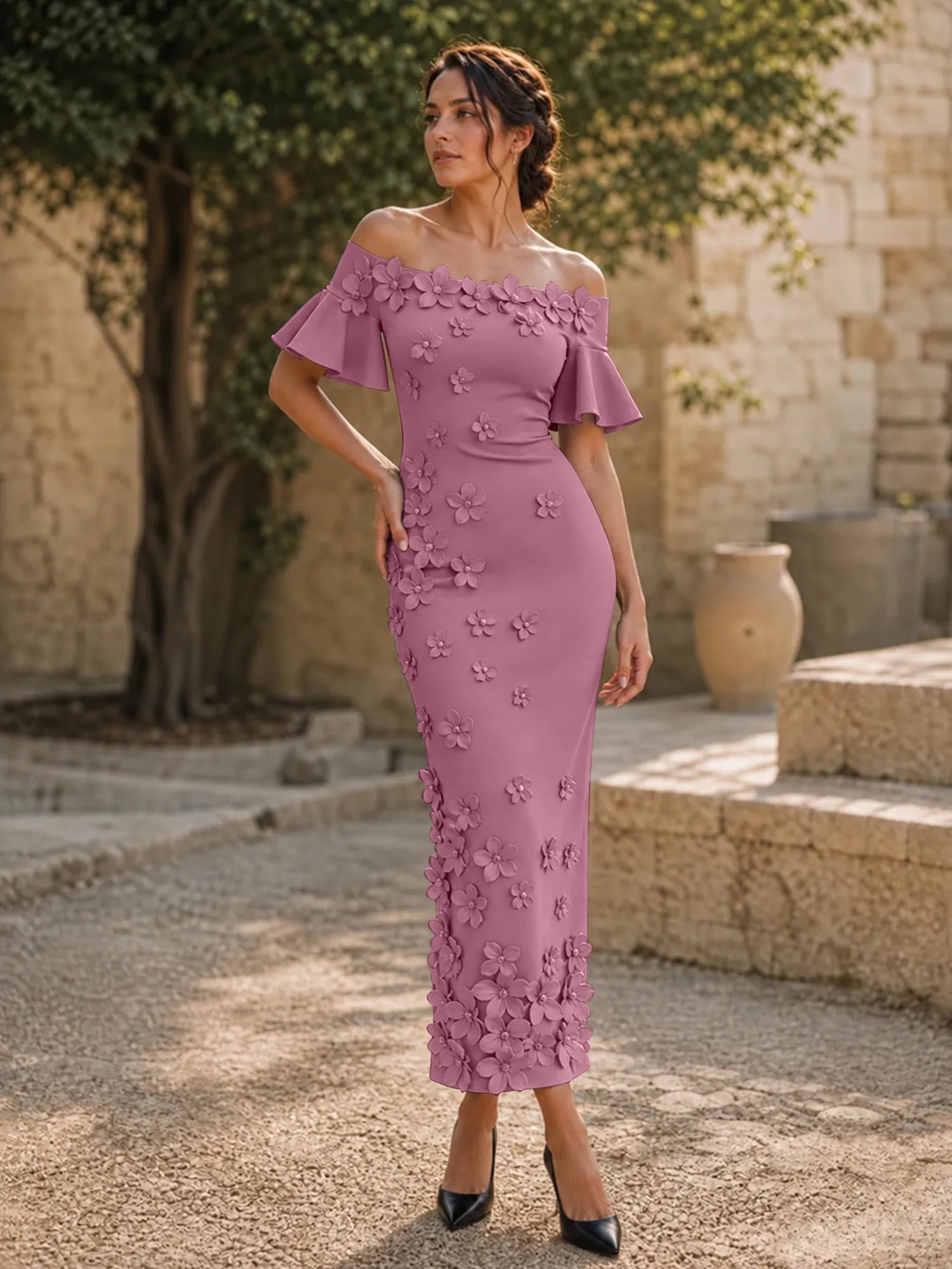 Black 3D Floral Off-The-Shoulder Ankle-Length Gown Dress