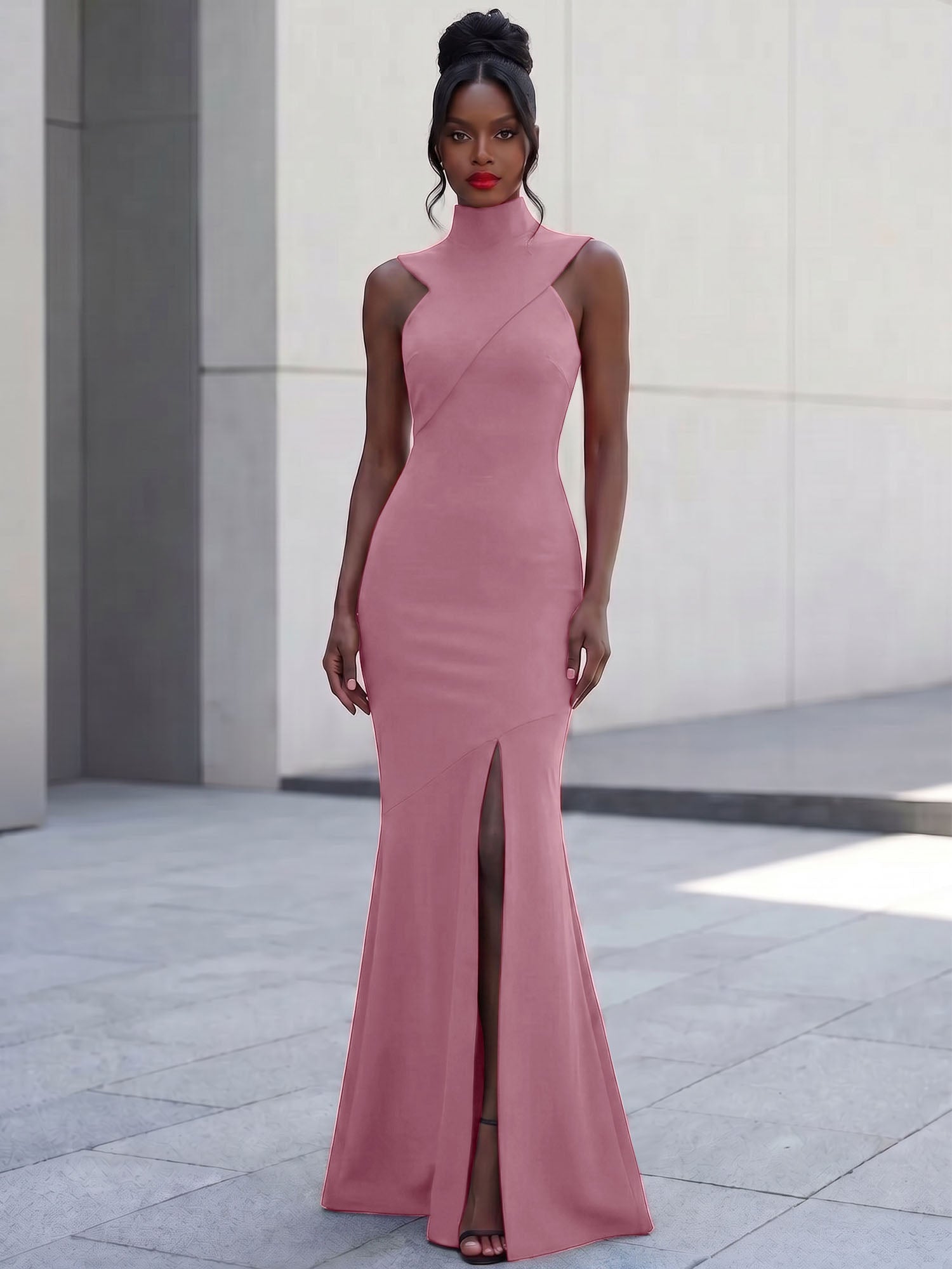 High-Neck Cross-Bodice Sleeveless Maxi Dress