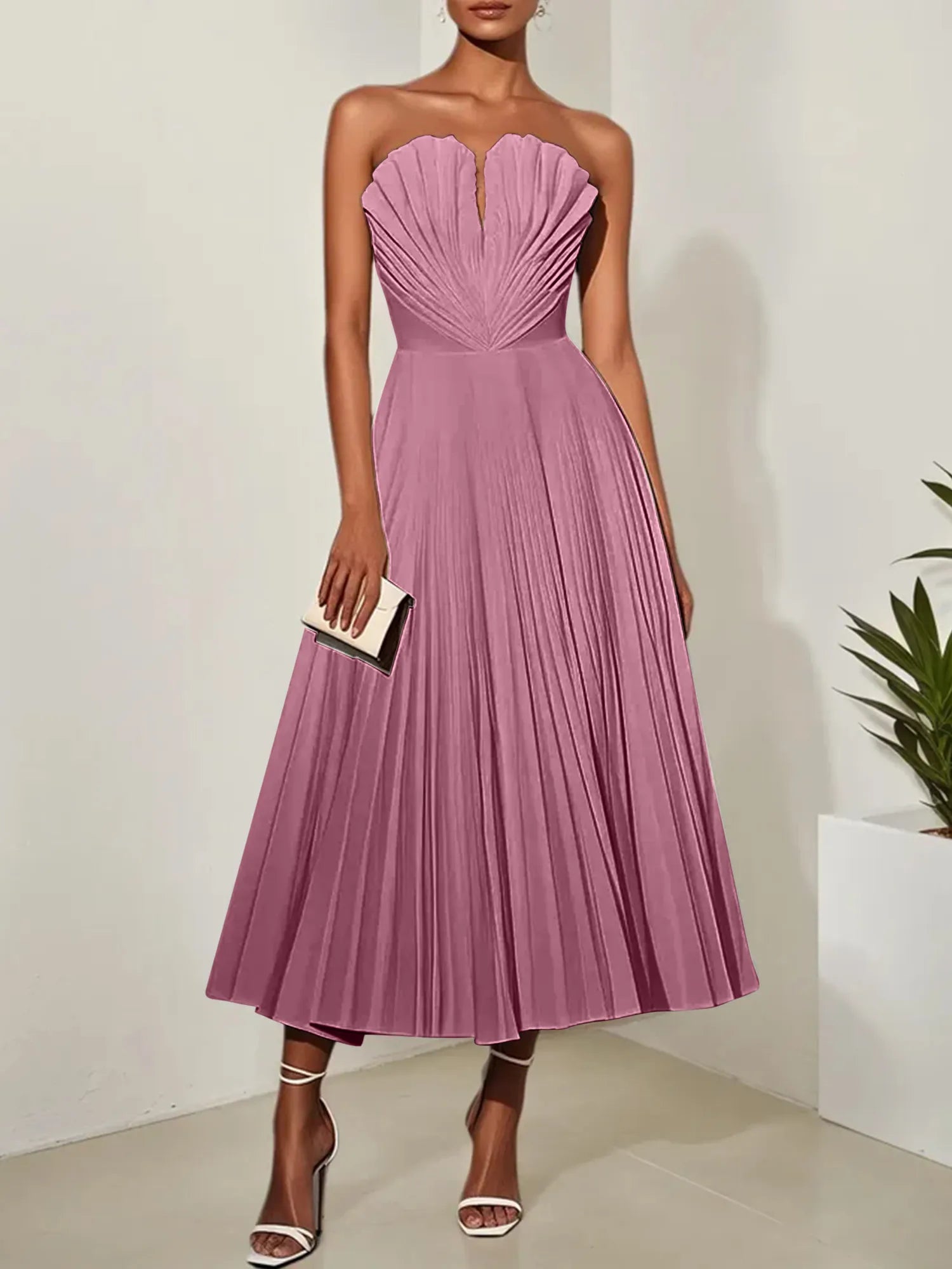 White Pleated Classic Strapless Sleeveless A-Line Midi Dress