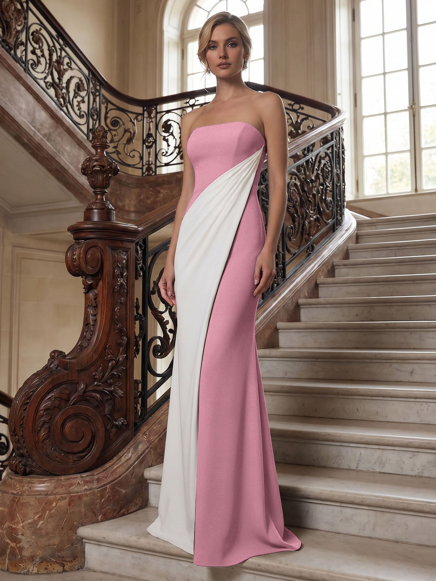 Black White Sheath Strapless Elegant Maxi Formal Dress