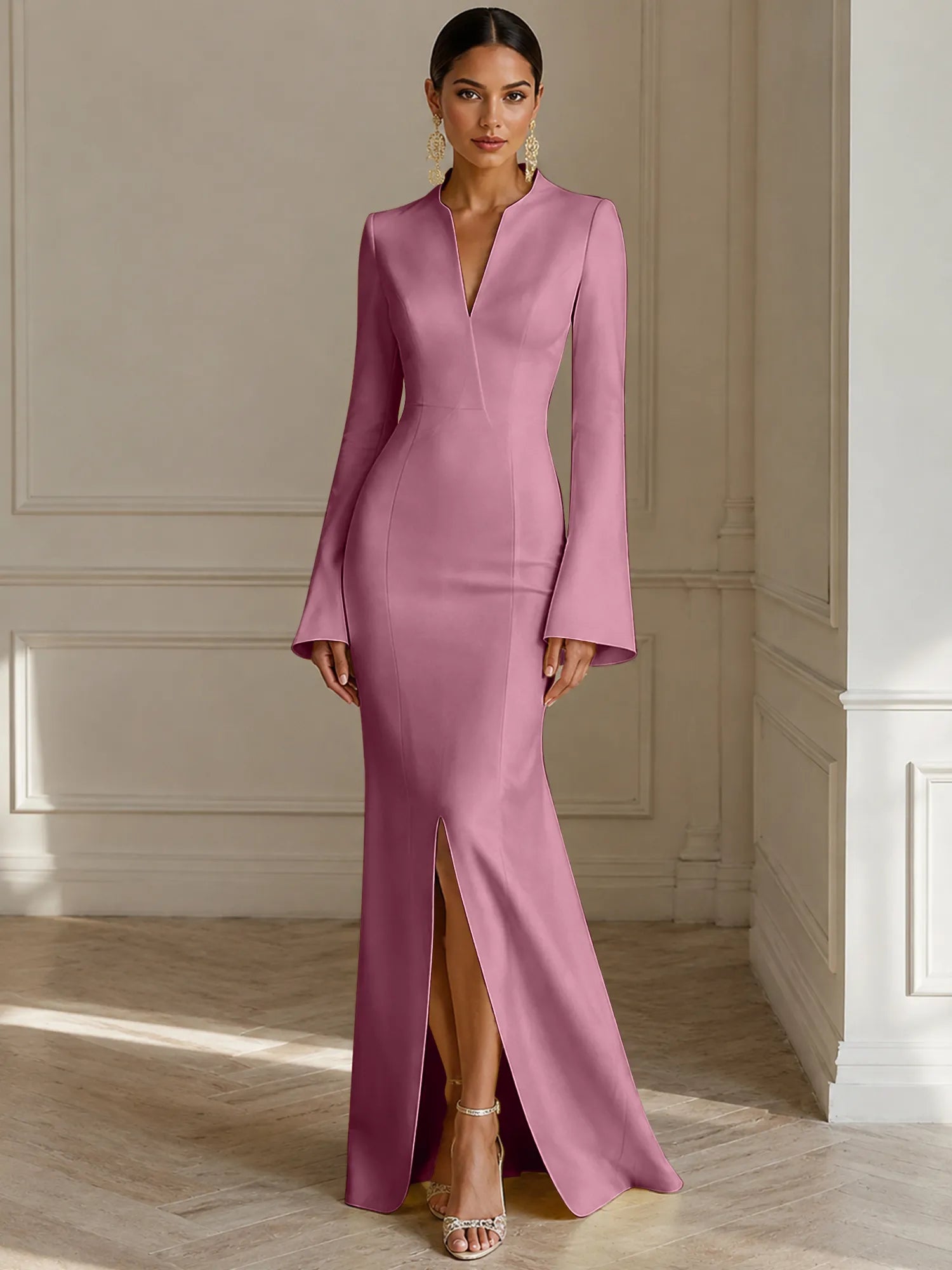 Formal Yellow V Neck Long Sleeves Floor Length Dress With Slit