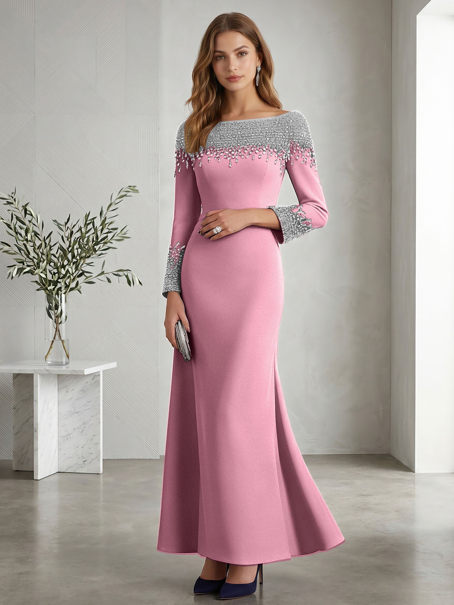 Formal Evening Dress Midnight Navy Velvet Long Sleeves Maxi Dress with Crystal