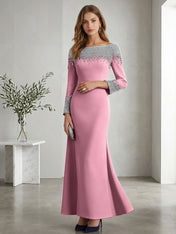 Formal Evening Dress Midnight Navy Velvet Long Sleeves Maxi Dress with Crystal