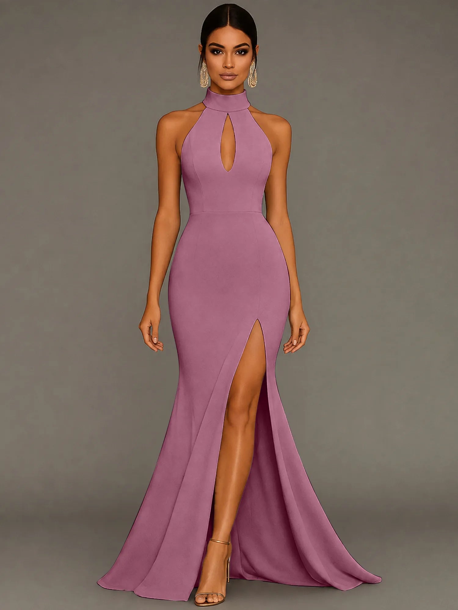 Mermaid Halter Neck Satin Formal Dress with Slit