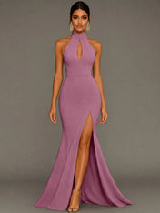 Mermaid Halter Neck Satin Formal Dress with Slit