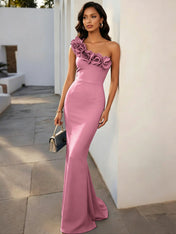 Navy Blue 3D Floral Classic One Shoulder Sleeveless Mermaid Gown Dress