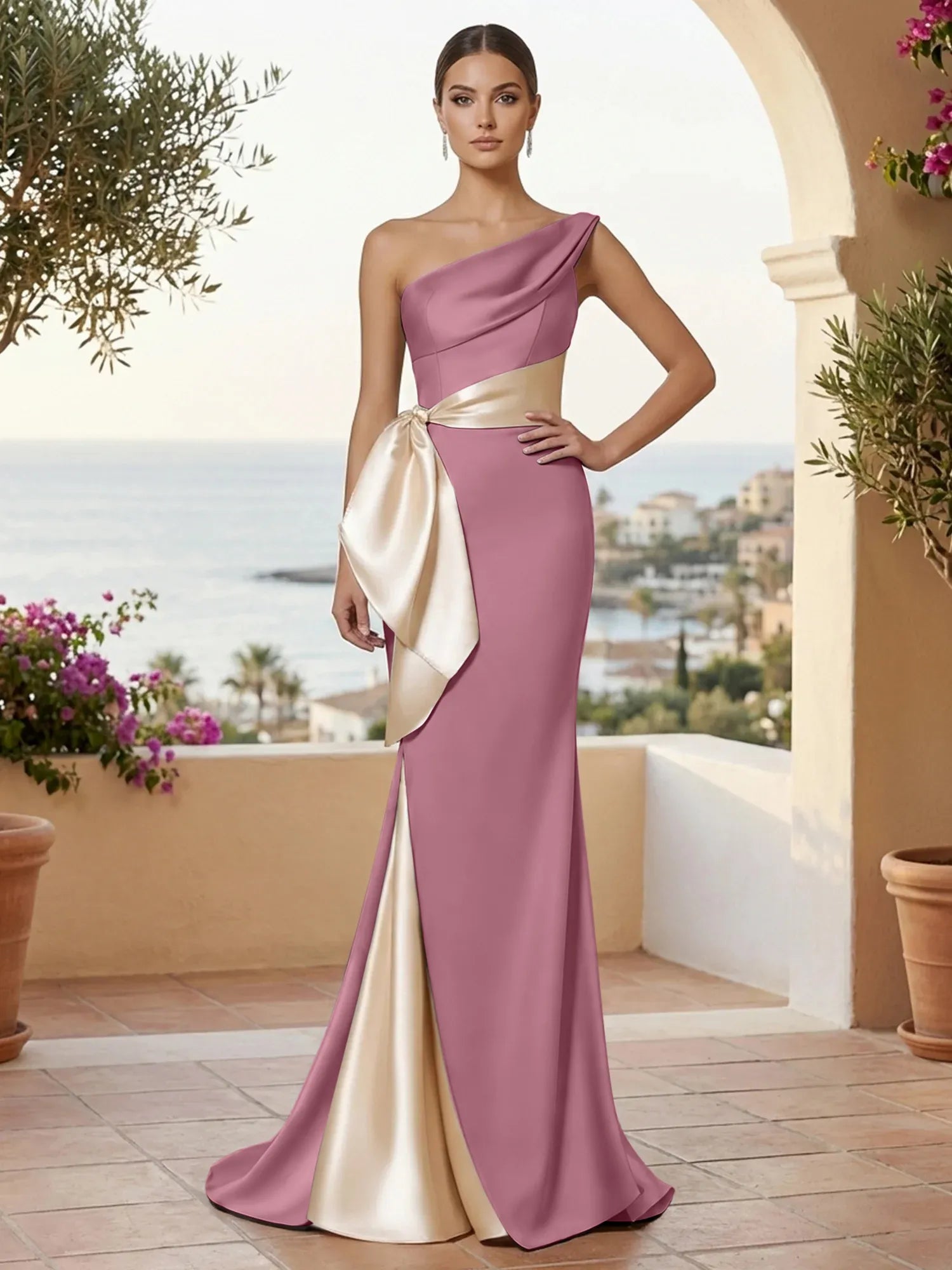 One Shoulder Mermaid Satin Pleat Evening Dresses with Bow