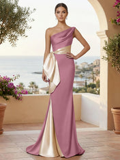 One Shoulder Mermaid Satin Pleat Evening Dresses with Bow