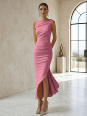 Elegant Formal Evening Gown Butter Yellow Ruched Asymmetrical Midi Dress