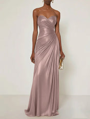 Evening Formal Dress V Neck Silver Silk Ruffles Strapless Maxi Dress