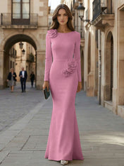 Elegant Pure White Formal Evening Dress Long-Sleeve 3D Floral Crepe Maxi Dress Gown
